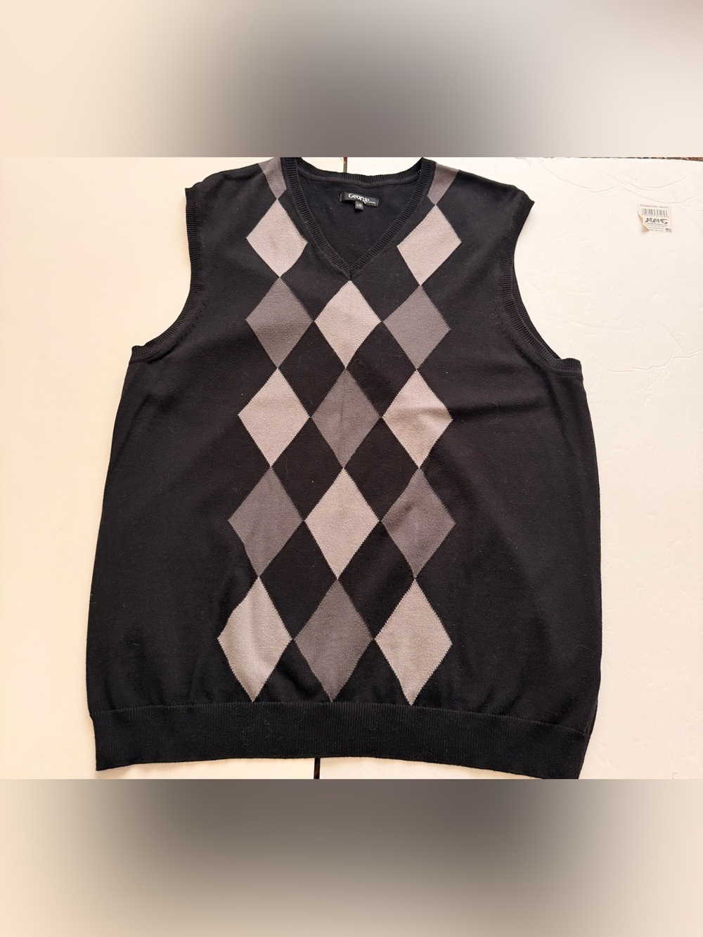 Men’s Argyle Sweater Vest Black Gray Size Large 100% Cotton Preppy Y2K